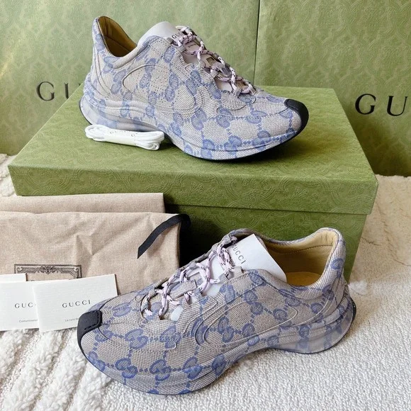 Gucci Monogram Run Runner GG Logo Sneaker Beige Blue Mens UK 8 US 8.5